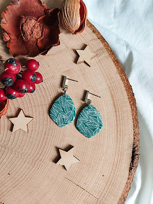 Náušnice - Smaragdové zapichovacie náušnice s potlačou EMERALD BOTANICAL (Listy) - 14837951_