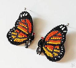 Náušnice - Šité handmade náušnice motýle monarch - 14838547_
