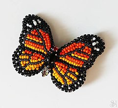 Brošne - Handmade šitá korálková brošňa motýľ monarch - 14838551_