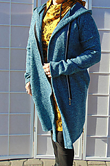 Svetre a kardigány - Svetro-přehoz s kapucí na zip - barva mentol s tmavě modrým melírem S - XXL - 14839517_