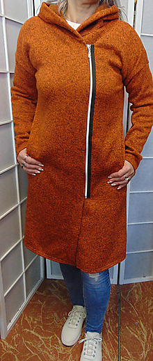 Svetre a kardigány - Svetro-přehoz s kapucí na zip - barva rezavá s melírem S - XXL - 14839436_