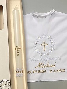 Detské oblečenie - košieľka na krst k01 bielo-zlatá a sviečka na krst zlatý krížik - 14837080_