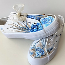 Ponožky, pančuchy, obuv - svadobné tenisky maľované modré- dámske - 14845041_