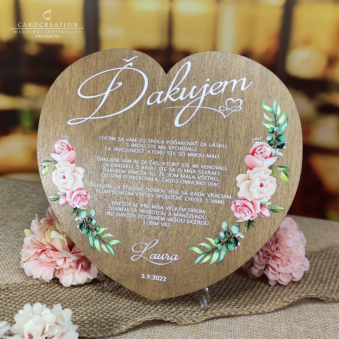 Poďakovanie rodičom z tmavo drevenej preglejky PR008DW (Poďakovanie + stojanček (15x16cm))