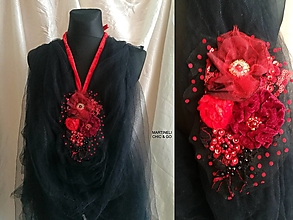 Náhrdelníky - Dlhý Červený kvetinový náhrdelník/brošňa - 14847568_