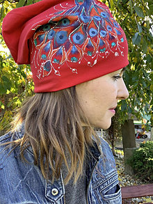 Čiapky, čelenky, klobúky - Maľovaná čiapka Páv - červený - 14851083_