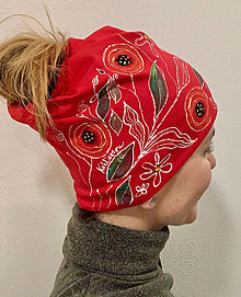 Čiapky, čelenky, klobúky - Maľovaná čiapka s otvorom na Pestrofarebná - červená - 14851140_