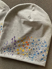 Čiapky, čelenky, klobúky - Maľovaná čiapka Rainbow Flowers - sivá - 14851198_