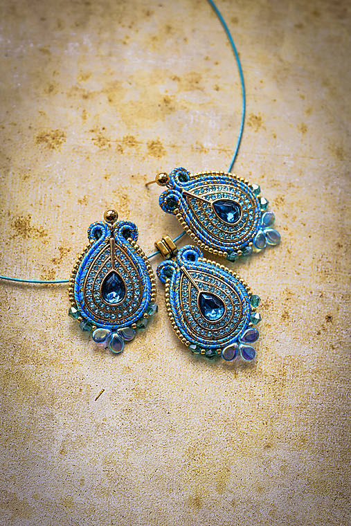 Sady šperkov - Soutache set modro-zlatý - 14850983_