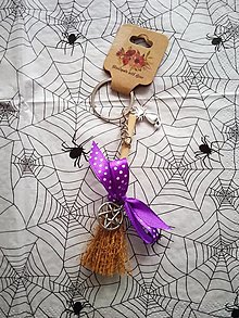 Kľúčenky - Metlička Halloween (Metlička - Pentagram s mačkou) - 14864484_