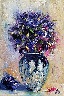 Obrazy - Obraz "Irisy a slivky" - olejomaľba, 20x30 cm - 14863986_