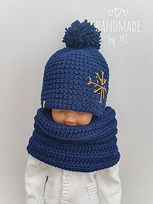 Detské čiapky - Detský zimný set VLOČKA (tmavomodrý) - 14867761_
