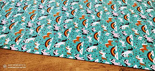 Textil - Úplet - Jednorožce - cena za 10 centimetrov (Tyrkysová) - 14870072_