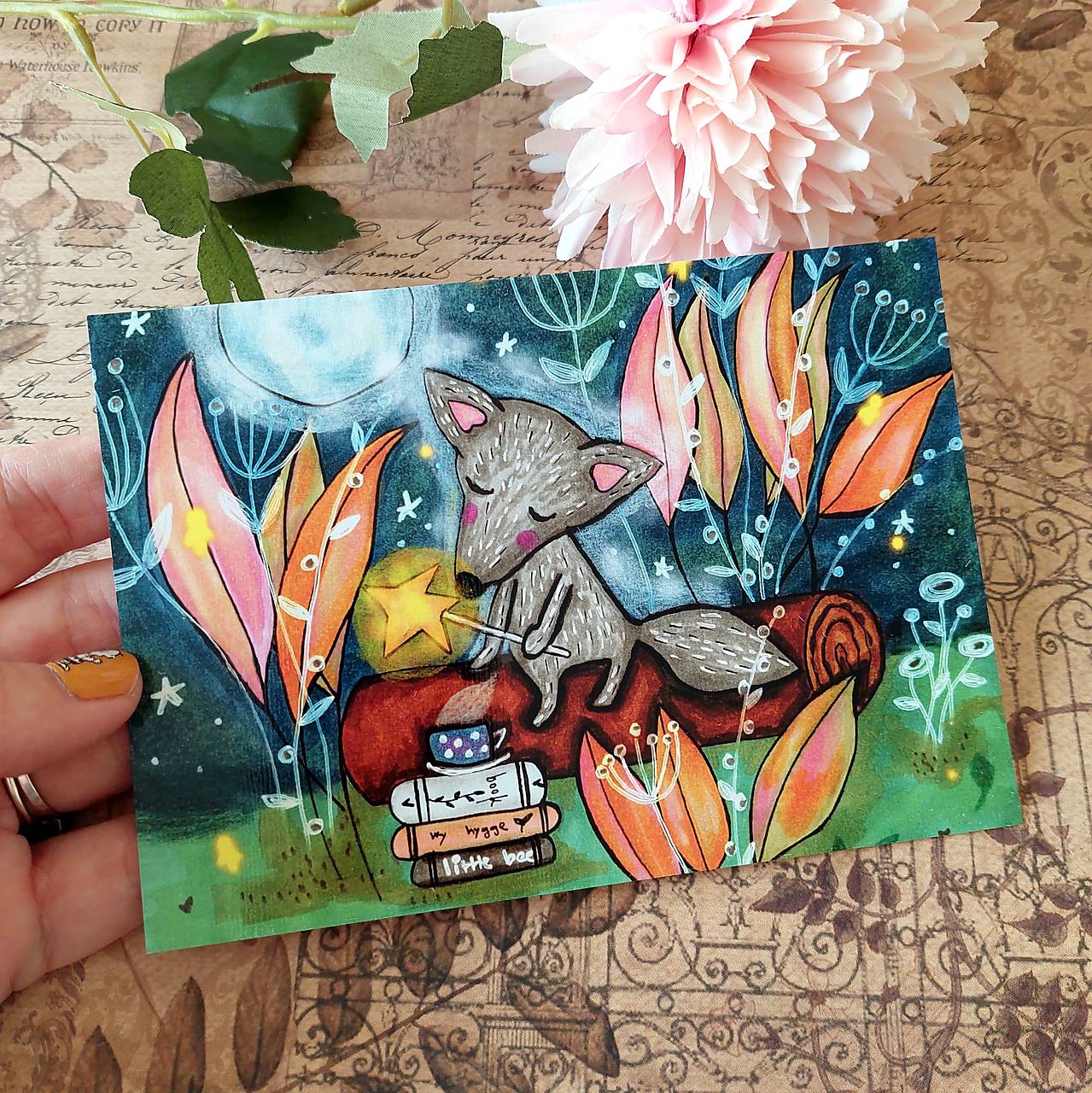 Do kníh kúzlo vkladá, vĺčik - pohľadnica