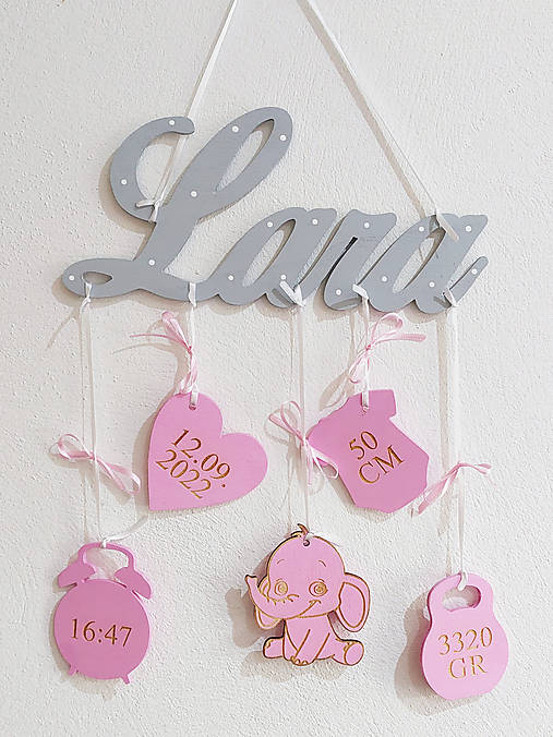 Drevené meno s pozadím a údajmi + sloník