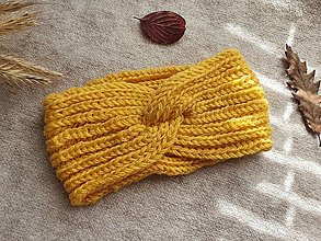 Čiapky, čelenky, klobúky - Výpredaj! Ručne pletená čelenka Turban žltá - znížená cena - 14883497_