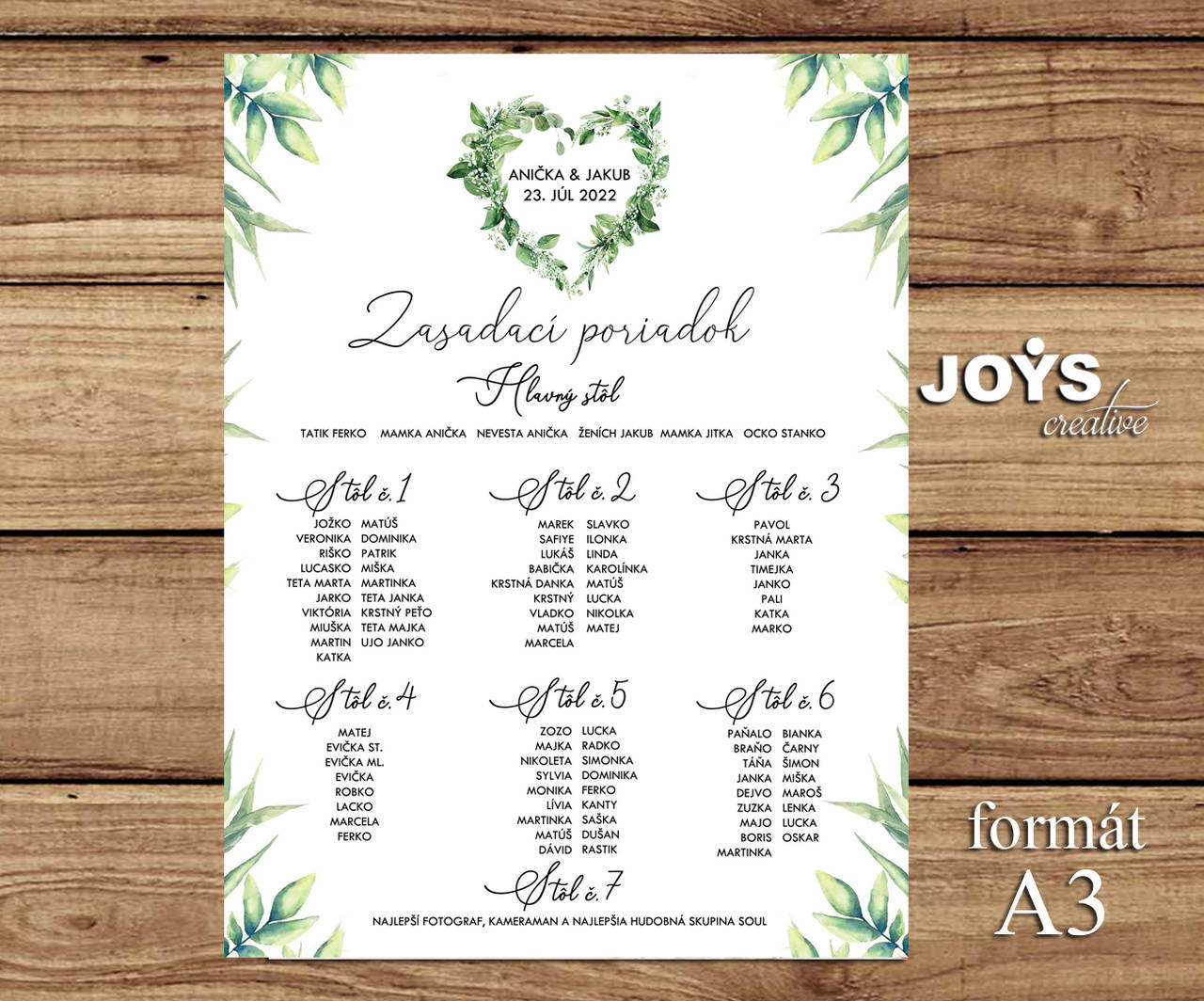 Zasadací poriadok A3 v štýle Greenery so srdiečkom z lístkov A02