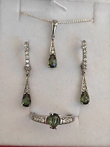 Sady šperkov - Jewelry set Bellatrix with drop shape vltavin and real diamonds and zircons in yellow and white gold (biele zlato) - 14892843_
