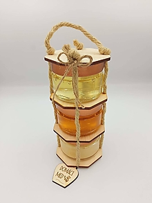 Včelie produkty - Ochutené medíky v drevenom stojane (agátový, kvetový a pastovaný) - 14894978_