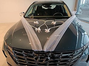 Dekorácie - Biela výzdoba na svadobné auto (srdiečka s mašličkami a organzou) - 14908879_