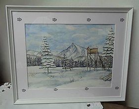Obrazy - Kriváň v zime...(akvarel) (biely drevený rám) - 14914184_