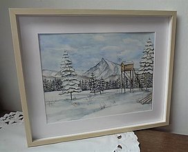 Obrazy - Kriváň v zime...(akvarel) (bledé drevo) - 14914193_