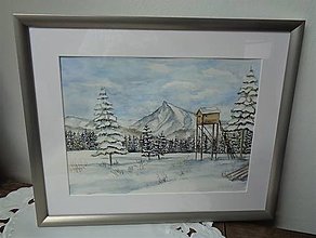 Obrazy - Kriváň v zime...(akvarel) (strieborný rám) - 14914195_