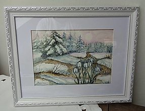 Obrazy - Prvé snežienky...(akvarel) (biely rám so vzorom) - 14914257_
