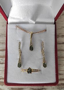 Sady šperkov - Súprava šperkov Sirius s vltavínom a zirkónmi v bielom a žltom zlate - 14911161_