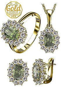 Sady šperkov - Súprava šperkov Orchidea s oválnym vltavínom a zirkónmi v bielom a žltom zlate (žlté zlato) - 14911588_