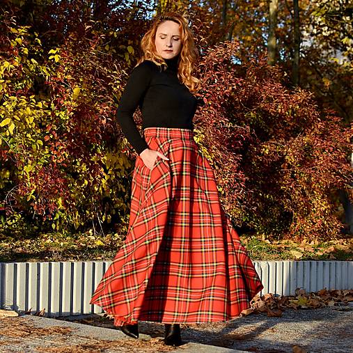 ISABEL - maxi škótska károvaná sukňa (s vreckami)