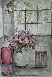 Obrazy - Zátišie s ružami...(akvarel) (bez rámu) - 14949081_