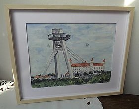 Obrazy - Bratislavské UFO...(akvarel) (rám bledé drevo) - 14949616_