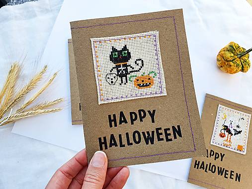 Papiernictvo - Výpredaj - Vyšívaná pohľadnica Halloween "čierna mačka" - znížená cena - 14954751_