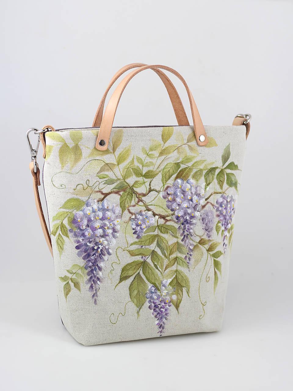 Ručne maľovaná kvetinová kabelka z ľanu "Wisteria"