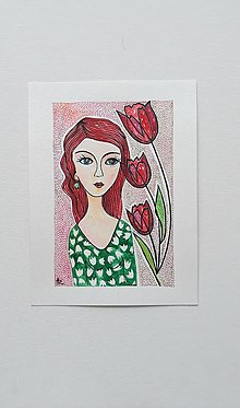 Kresby - Dievča s tulipánmi, 18 x 24cm, akvarel - 14968008_