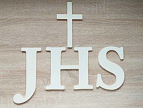 Dekorácie - Drevený kresťanský nápis - JHS a krížik šírka 42cm - 14968199_