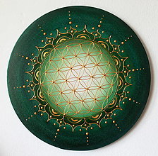 Obrazy - Mandala POSVÄTNÝ KVET ŽIVOTA (green - gold) Ø 40 cm - 14971153_