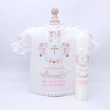 Detské oblečenie - Folklórna košieľka na krst strieborno-ružová krátky rukáv, s čipkovým lemovaním - 14971152_