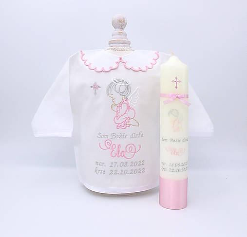 Vyšívaná košieľka na krst "Ružový anjelik s krížikom" (expres set košieľka + sviečka + SBD + darčeková krabica)