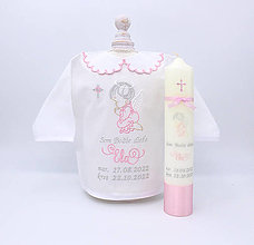 Detské oblečenie - Vyšívaná košieľka na krst "Ružový anjelik s krížikom" (set košieľka + sviečka + SBD + darčeková krabica) - 14973559_