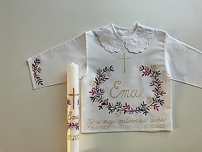 Detské oblečenie - Krstná maľovaná košieľka + svieca v (fialovo-ružovo zlatej kombinácii) - 14977283_