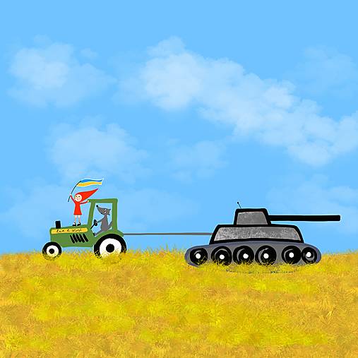 Red na traktore s tankom gicléé art print 36x30