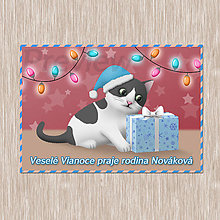 Papiernictvo - Vianočná pohľadnica Mačiatko a darček (vločkový darček) - 14982291_