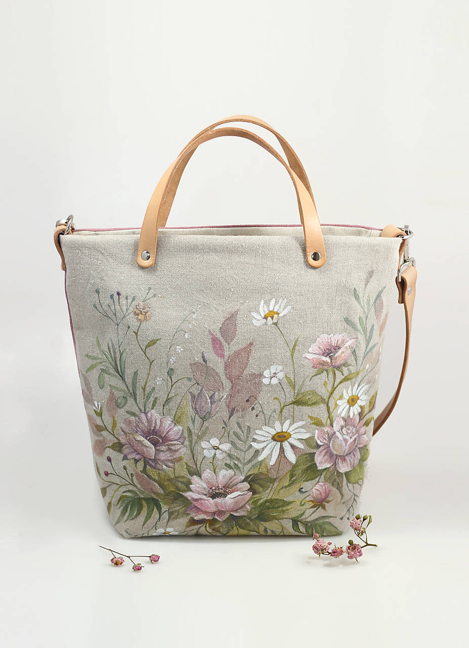 Veľká ručne maľovaná kabelka na ľanovom maliarskom plátne "Ruže na plátne"