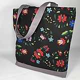Nákupné tašky - Veľká taška sivo čierna s ružičkami a kvietkami - 14995790_