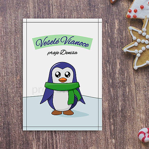 Vianočná pohľadnica s tučniačikom (so šálom)