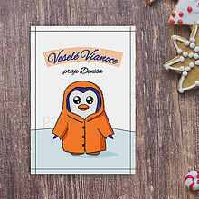 Papiernictvo - Vianočná pohľadnica s tučniačikom (s kabátom s kapucňou) - 14999444_