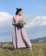 Šaty - Lněné maxišaty světle šedofialové s vázáním - 15001386_