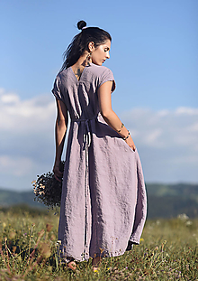 Šaty - Lněné maxišaty světle šedofialové s vázáním - 15001389_